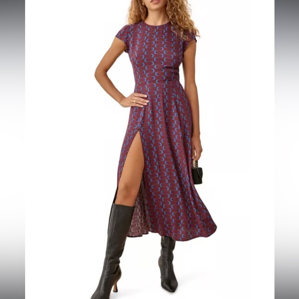 Cap-Sleeve Burgundy & Blue Midi Dress with Side Slit